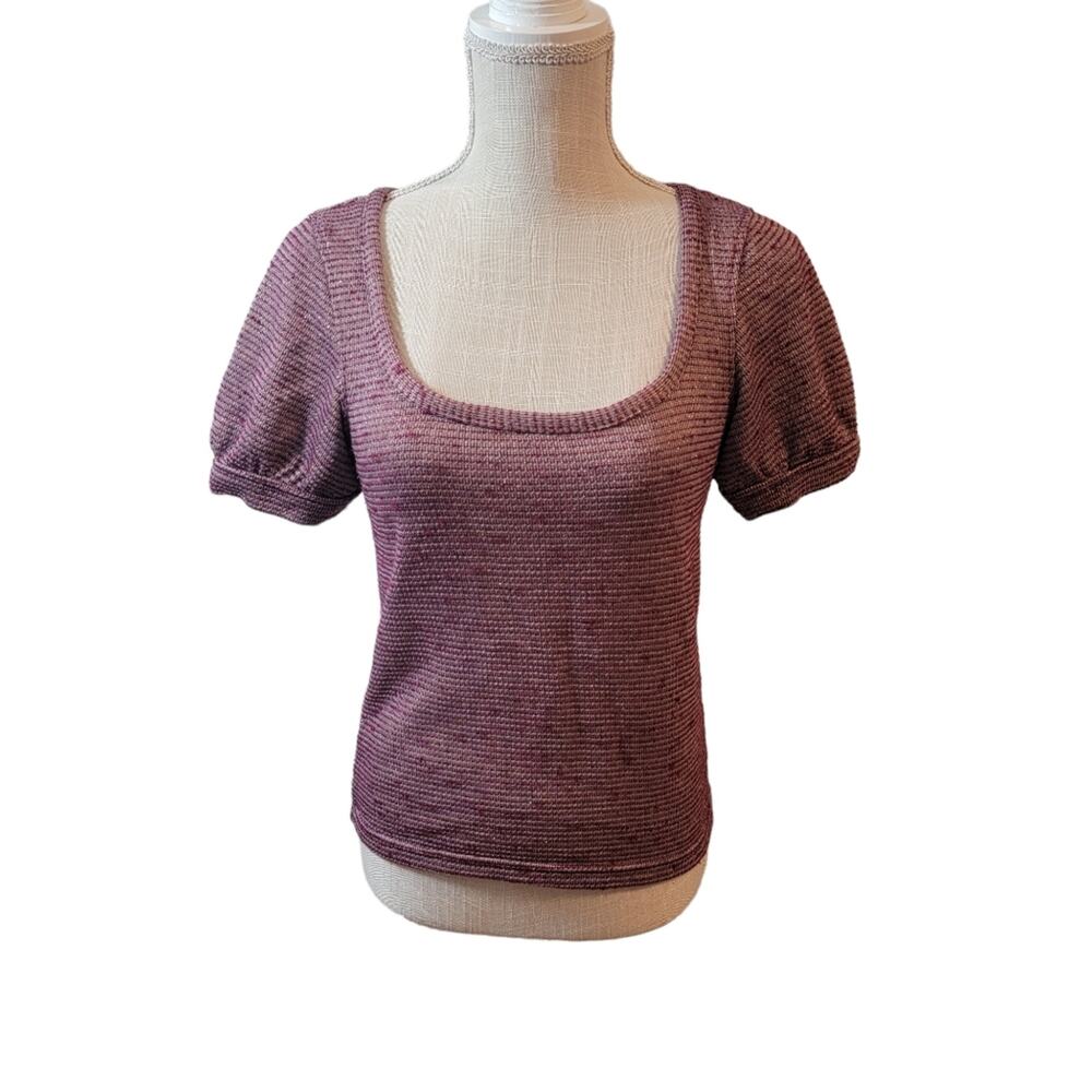 Free People Purple & Metallic Textured Stretch Knit Puff Sleeve Sweater S